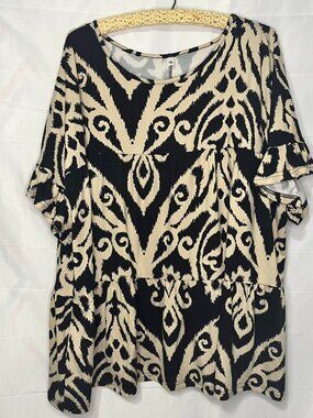 Dearcase Babydoll Tunic 3X Top Blouse Black Tan Abstract Print Short Sleeve Boho